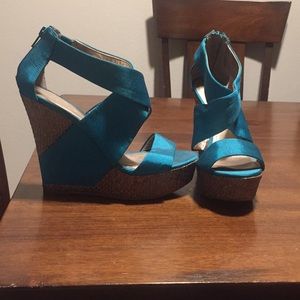 Teal Woven Strappy Platform Wedges